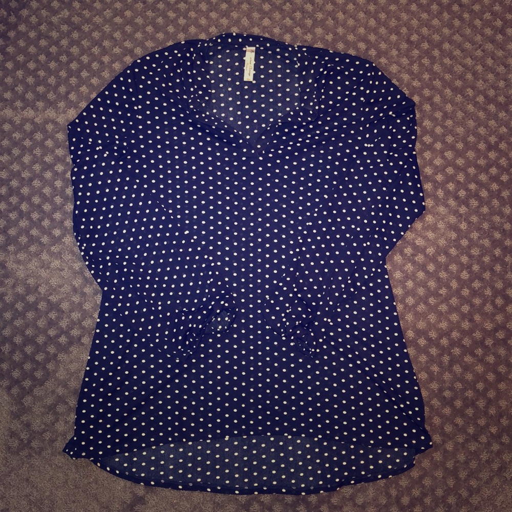 Sheer blue and white polka dot v-neck blouse!